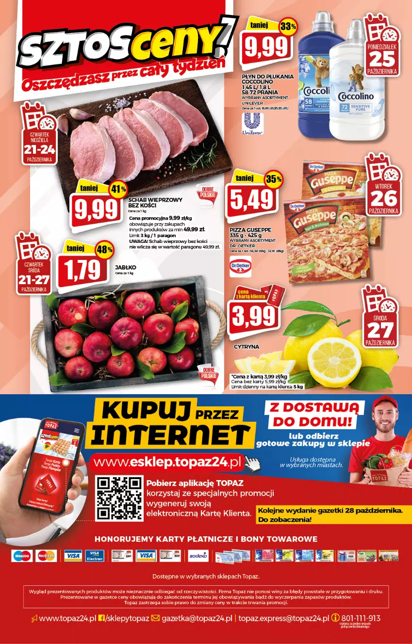 Gazetka promocyjna Topaz - Gazetka - ważna 21.10 do 27.10.2021 - strona 20 - produkty: Coccolino, Dr. Oetker, Olej, Pizza, Płyn do płukania, Pur, Schab wieprzowy, Waga