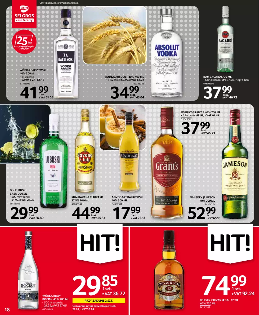 Gazetka promocyjna Selgros - Oferta spożywcza - ważna 17.03 do 30.03.2022 - strona 18 - produkty: Absolut, Advocaat, Bacardi, Biały Bocian, Gin, Gra, Jameson, Rum, Whiskey, Whisky, Wódka