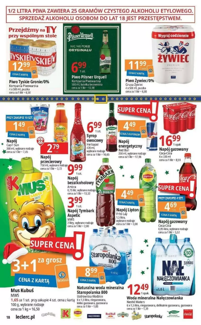 Gazetka promocyjna E Leclerc - ważna 21.11 do 02.12.2023 - strona 10 - produkty: Coca-Cola, Fa, Gin, Gra, Kubuś, Lipton, Mus, Napój, Napój gazowany, Pilsner Urquell, Piwa, Piwo, Staropolanka, Tymbark, Tyskie, Woda, Woda mineralna