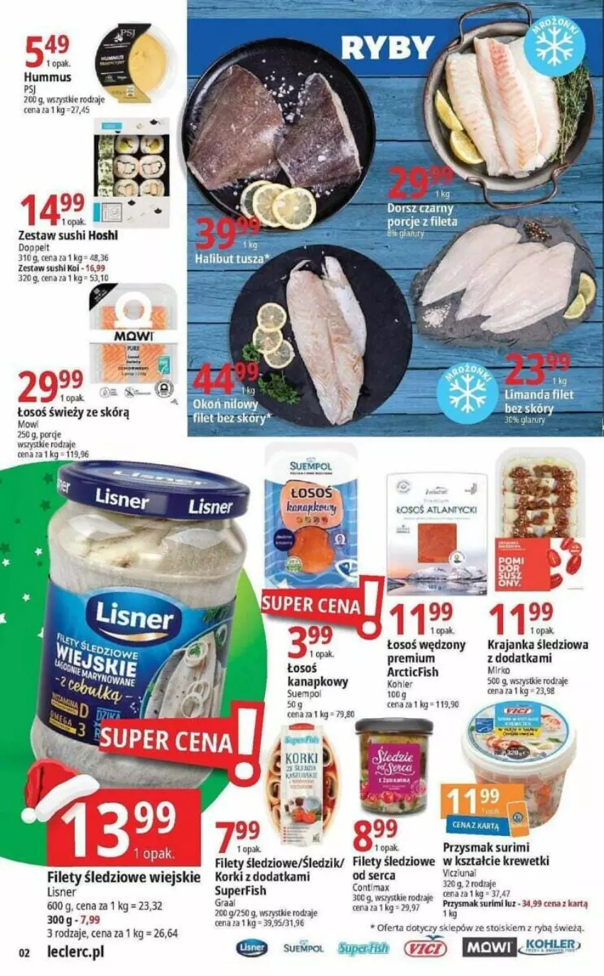 Gazetka promocyjna E Leclerc - ważna 21.11 do 02.12.2023 - strona 12 - produkty: Dorsz, Gra, Graal, Halibut, Krajanka śledziowa, Krewetki, Lisner, Por, Ser, Surimi, Sushi, Top, Tusz