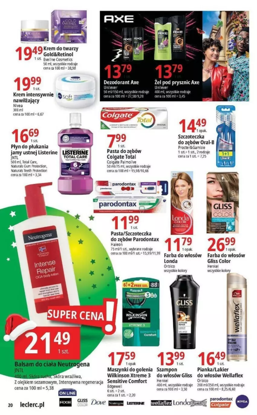 Gazetka promocyjna E Leclerc - ważna 21.11 do 02.12.2023 - strona 13 - produkty: BIC, Colgate, Colgate Total, Dezodorant, Dove, Eveline, Fa, Farba do włosów, Krem do twarzy, Lakier, Leon, LG, Listerine, Nivea, Olej, Palmolive, Parodontax, Pasta do zębów, Płyn do płukania, Sezam, Szampon, Szczoteczka, Szczoteczka do zębów, Wella, Wellaflex