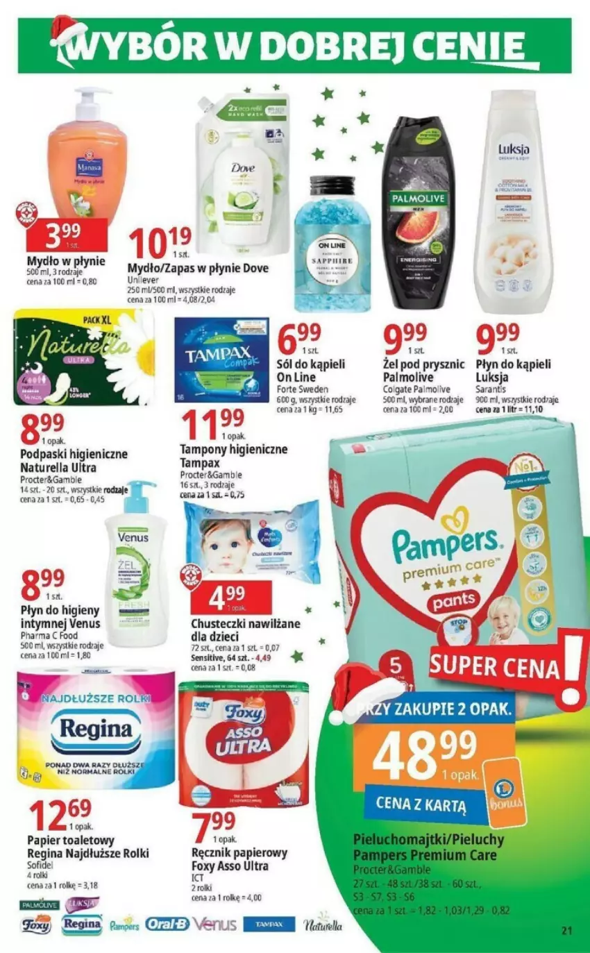 Gazetka promocyjna E Leclerc - ważna 21.11 do 02.12.2023 - strona 14 - produkty: Chusteczki, Colgate, Dove, Dzieci, Foxy, Gin, LG, Luksja, Mus, Mydło, Mydło w płynie, Naturell, Naturella, Palmolive, Papier, Papier toaletowy, Pax, Płyn do higieny intymnej, Podpaski, Ręcznik, Rolki, Sól, Sól do kąpieli, Tampax, Tampony, Top, Venus