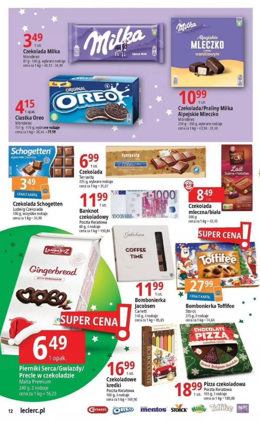 Gazetka promocyjna E Leclerc - ważna 21.11 do 02.12.2023 - strona 4 - produkty: Ciastka, Czekolada, Jacobs, Mentos, Milka, Mleczko, Oreo, Piernik, Pizza, Praliny, Precle, Schogetten, Ser, Toffifee