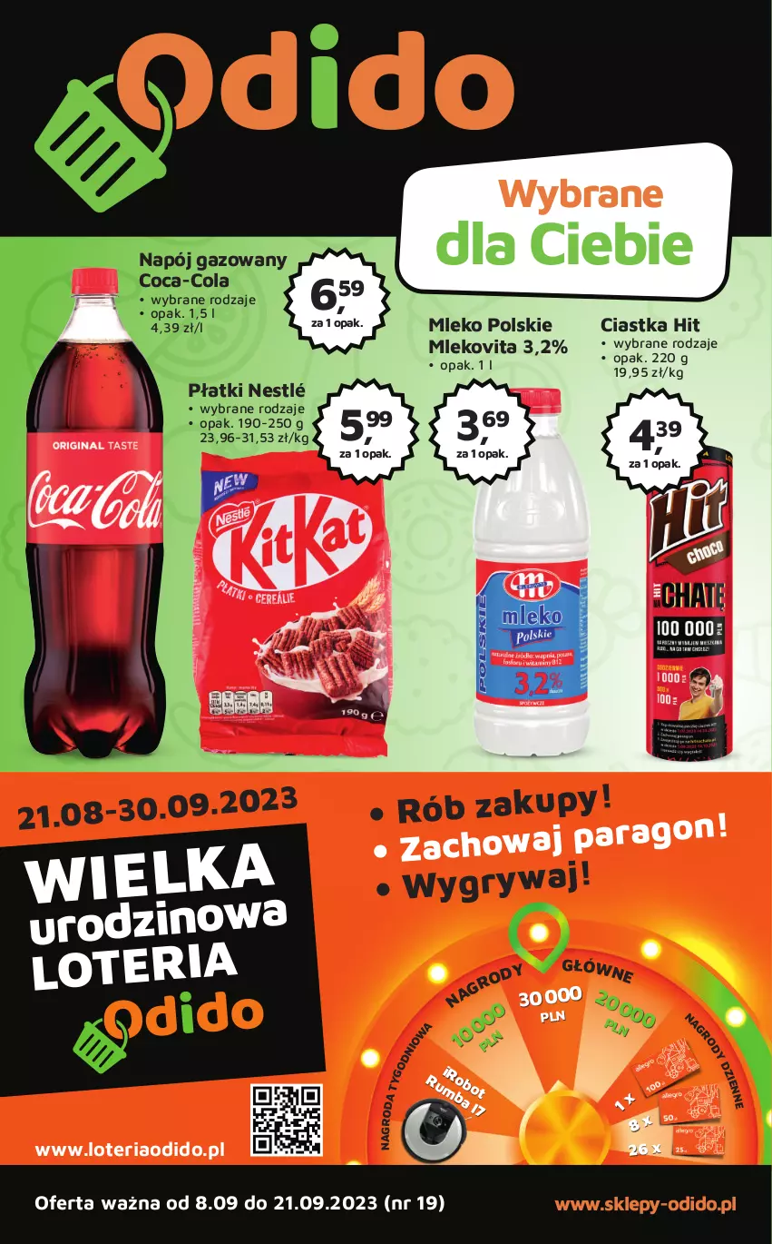 Gazetka promocyjna Odido - Gazetka - ważna 08.09 do 21.09.2023 - strona 1 - produkty: Ciastka, Coca-Cola, Gry, Mleko, Mlekovita, Napój, Napój gazowany, Nestlé