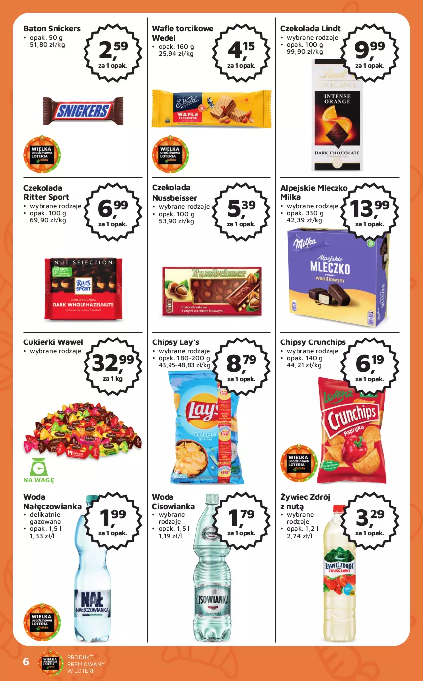 Gazetka promocyjna Odido - Gazetka - ważna 08.09 do 21.09.2023 - strona 6 - produkty: Baton, Chipsy, Cisowianka, Crunchips, Cukier, Cukierki, Czekolada, Lindt, Milka, Mleczko, Nałęczowianka, Por, Ritter Sport, Ser, Snickers, Sport, Wafle, Wawel, Woda