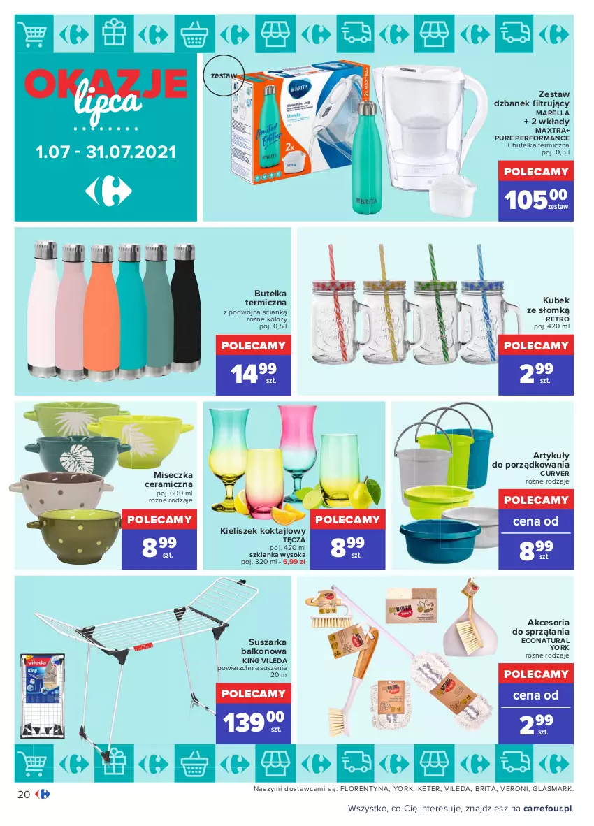 Gazetka promocyjna Carrefour - Gazetka Okazje lipca - ważna 30.06 do 31.07.2021 - strona 20 - produkty: Brit, Brita, Dzbanek, Dzbanek filtrujący, Kieliszek, Kubek, Miseczka, Por, Pur, Sok, Suszarka, Suszarka balkonowa, Szklanka, Vileda