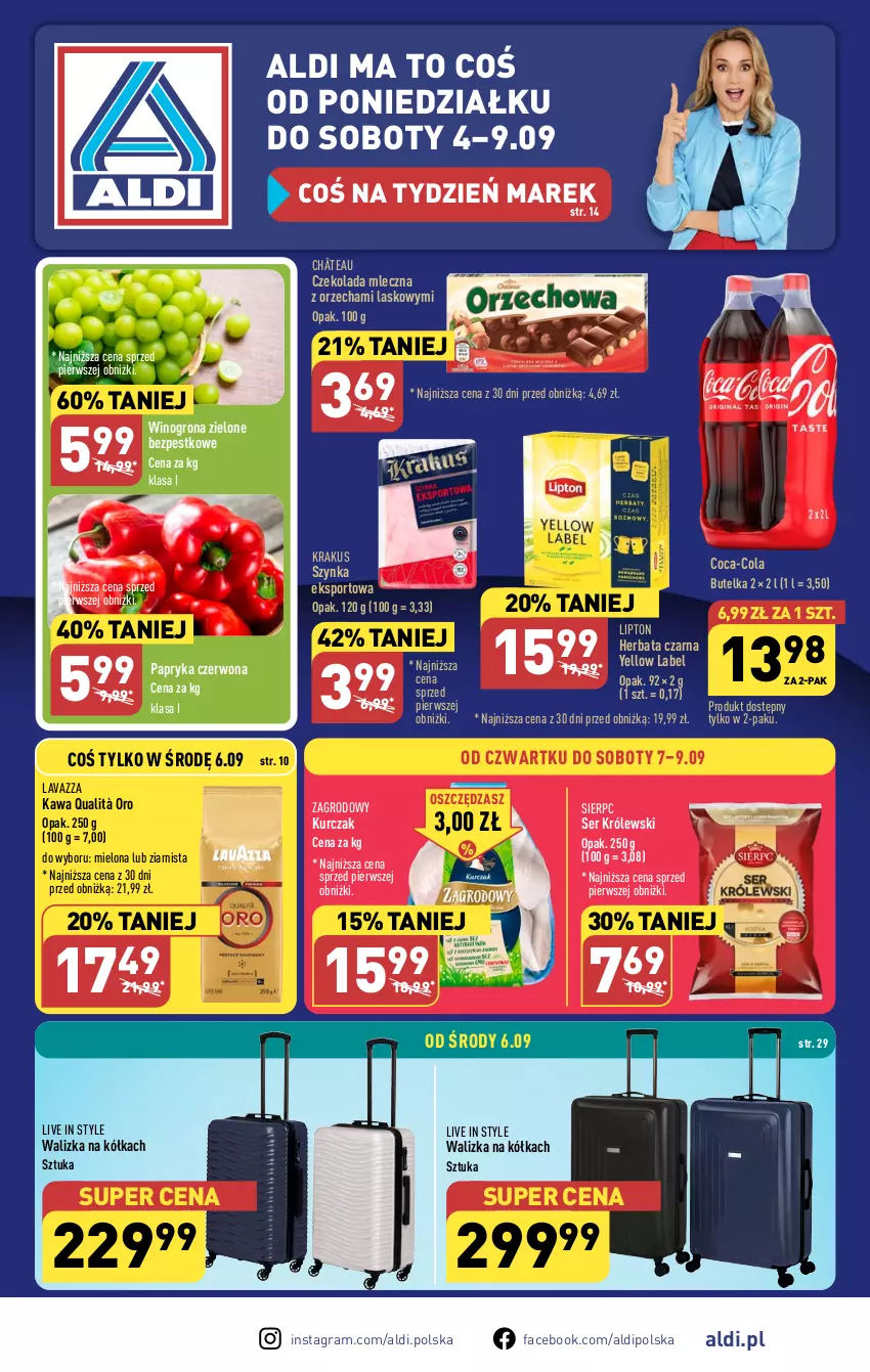 Gazetka promocyjna Aldi - Pełna oferta - ważna 04.09 do 09.09.2023 - strona 1 - produkty: Coca-Cola, Czekolada, Czekolada mleczna, Fa, Gra, Herbata, Herbata czarna, Kawa, Krakus, Królewski, Kurczak, Lavazza, Lipton, Papryka, Papryka czerwona, Por, Ser, Sport, Szynka, Walizka, Wino, Winogrona