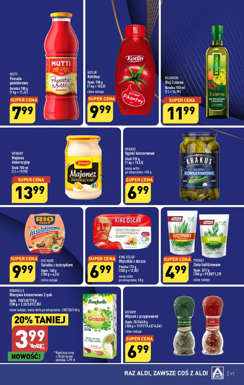 Gazetka promocyjna Aldi - Pełna oferta - ważna 04.09 do 09.09.2023 - strona 17 - produkty: Bonduelle, Dorsz, Ketchup, Kotányi, Kotlin, Krakus, Kujawski, Majonez, Młynek, Ogórki konserwowe, Olej, Prymat, Rio Mare, Sałat, Sałatka, Ser, Tuńczyk, Warzywa, Warzywa konserwowe, Winiary