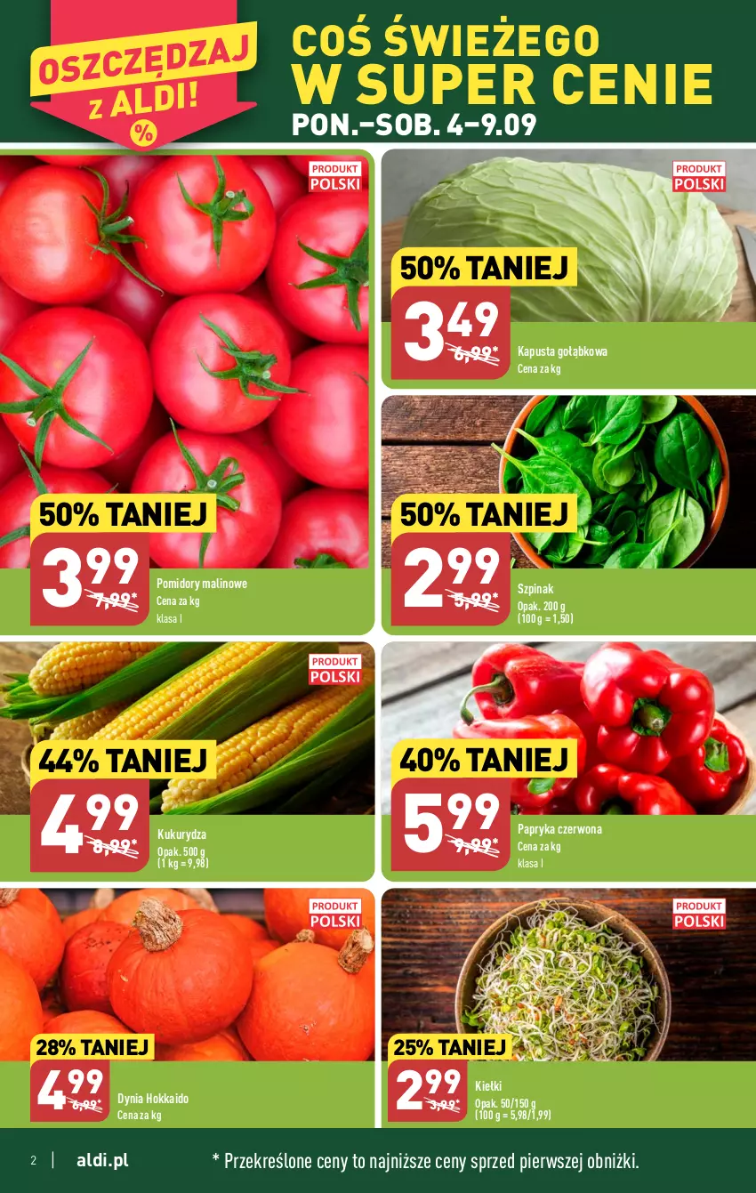 Gazetka promocyjna Aldi - Pełna oferta - ważna 04.09 do 09.09.2023 - strona 2 - produkty: Kiełki, Kukurydza, Papryka, Papryka czerwona, Pomidory, Szpinak