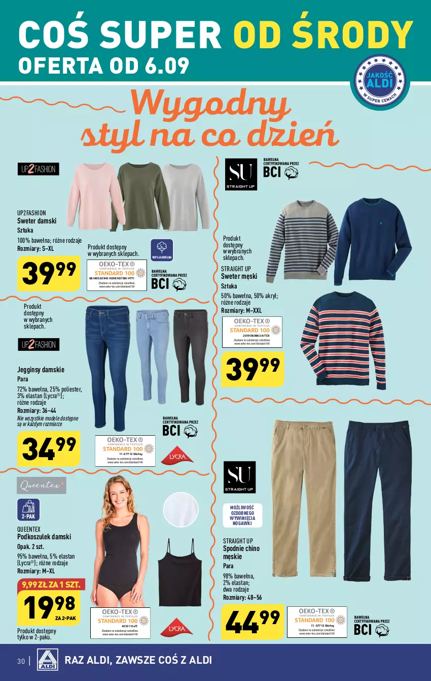 Gazetka promocyjna Aldi - Pełna oferta - ważna 04.09 do 09.09.2023 - strona 30 - produkty: Fa, Gin, Kosz, Podkoszulek, Queentex, Spodnie, Sweter, Wełna