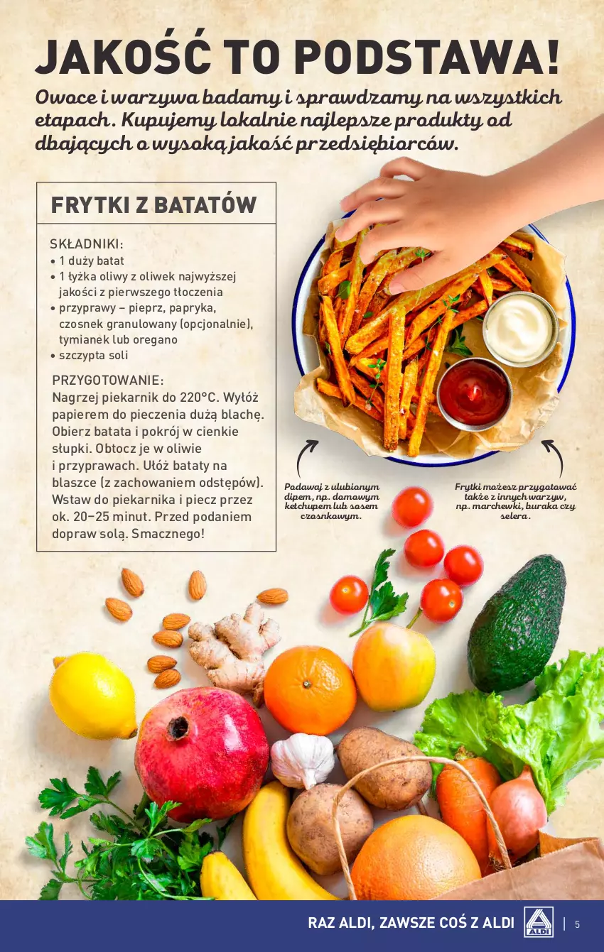 Gazetka promocyjna Aldi - Pełna oferta - ważna 04.09 do 09.09.2023 - strona 5 - produkty: Czosnek, Czosnek granulowany, Frytki, Frytki z batatów, Gra, Ketchup, Owoce, Papier, Papryka, Piec, Piekarnik, Pieprz, Przyprawy, Sok, Sos, Warzywa