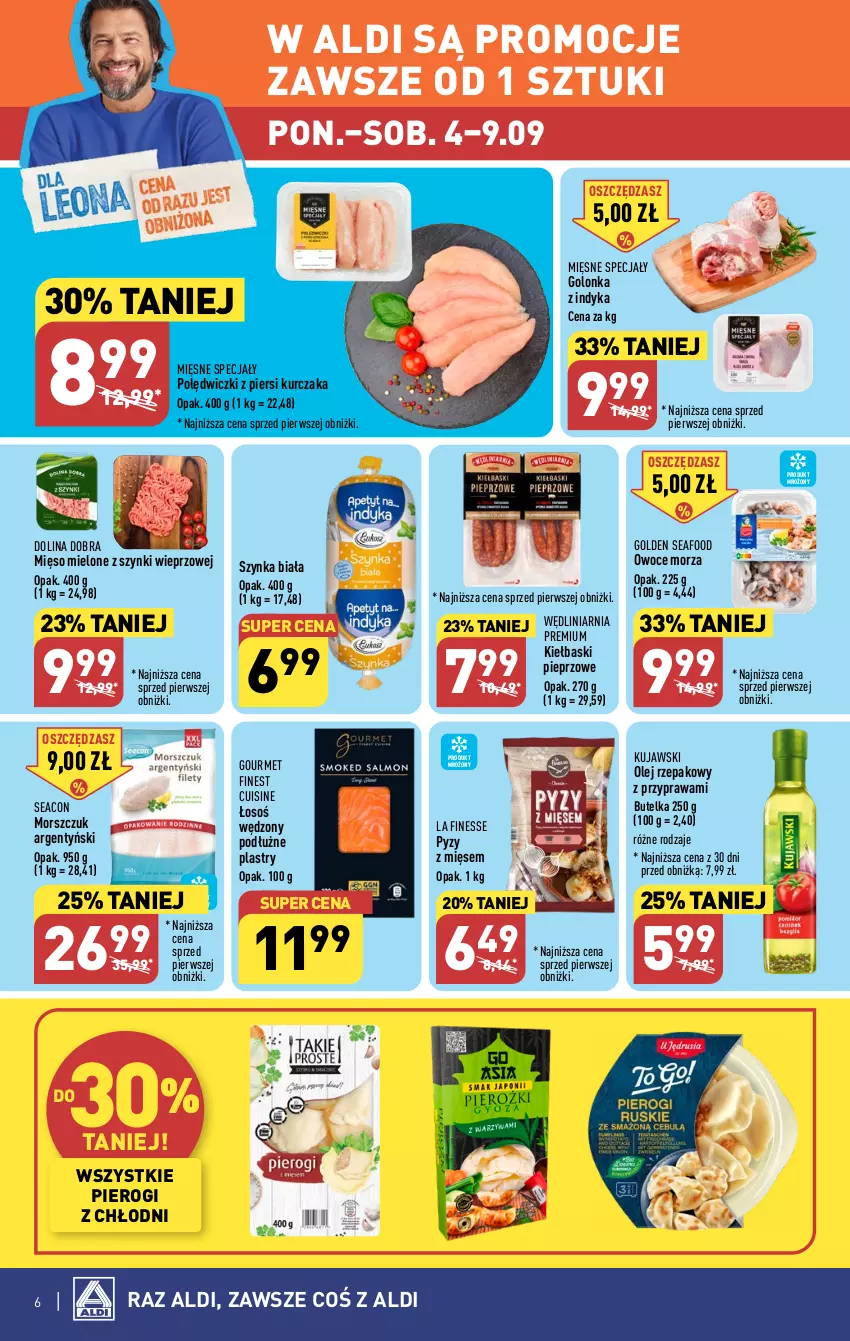 Gazetka promocyjna Aldi - Pełna oferta - ważna 04.09 do 09.09.2023 - strona 6 - produkty: Golden Seafood, Golonka z indyka, Kiełbaski pieprzowe, Kujawski, Kurczak, Mięsne specjały, Mięso, Mięso mielone, Mięso mielone z szynki, Olej, Olej rzepakowy, Owoce, Owoce morza, Pieprz, Pierogi, Szynka, Szynka biała