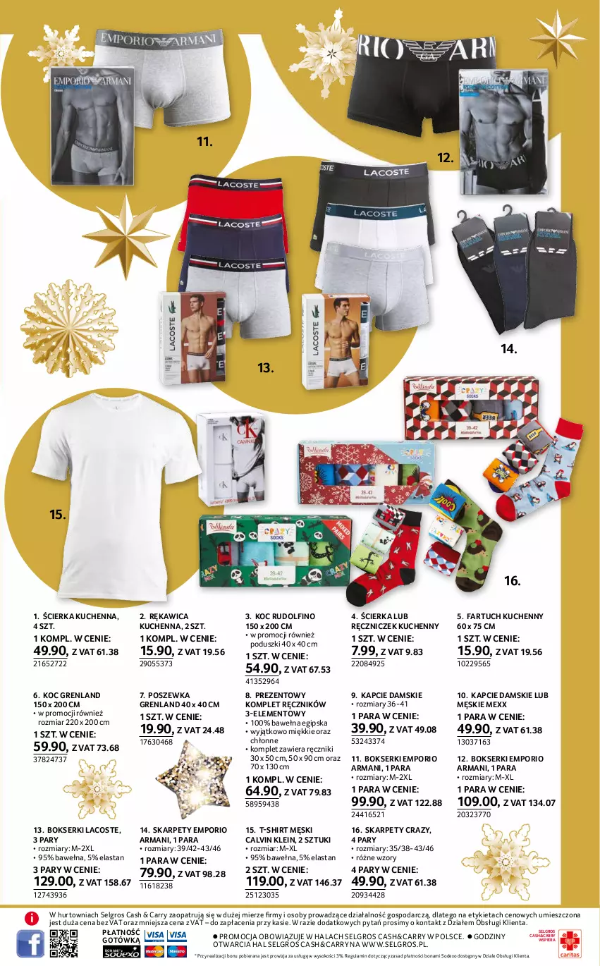 Gazetka promocyjna Selgros - Katalog Prezenty - ważna 25.11 do 01.12.2021 - strona 23 - produkty: Bokserki, Calvin Klein, Fa, Fartuch kuchenny, Kapcie, Karp, Koc, Lacoste, LG, Mexx, Por, Poszewka, Ręcznik, Rękawica kuchenna, Ser, Sok, T-shirt, Wełna, Znicz