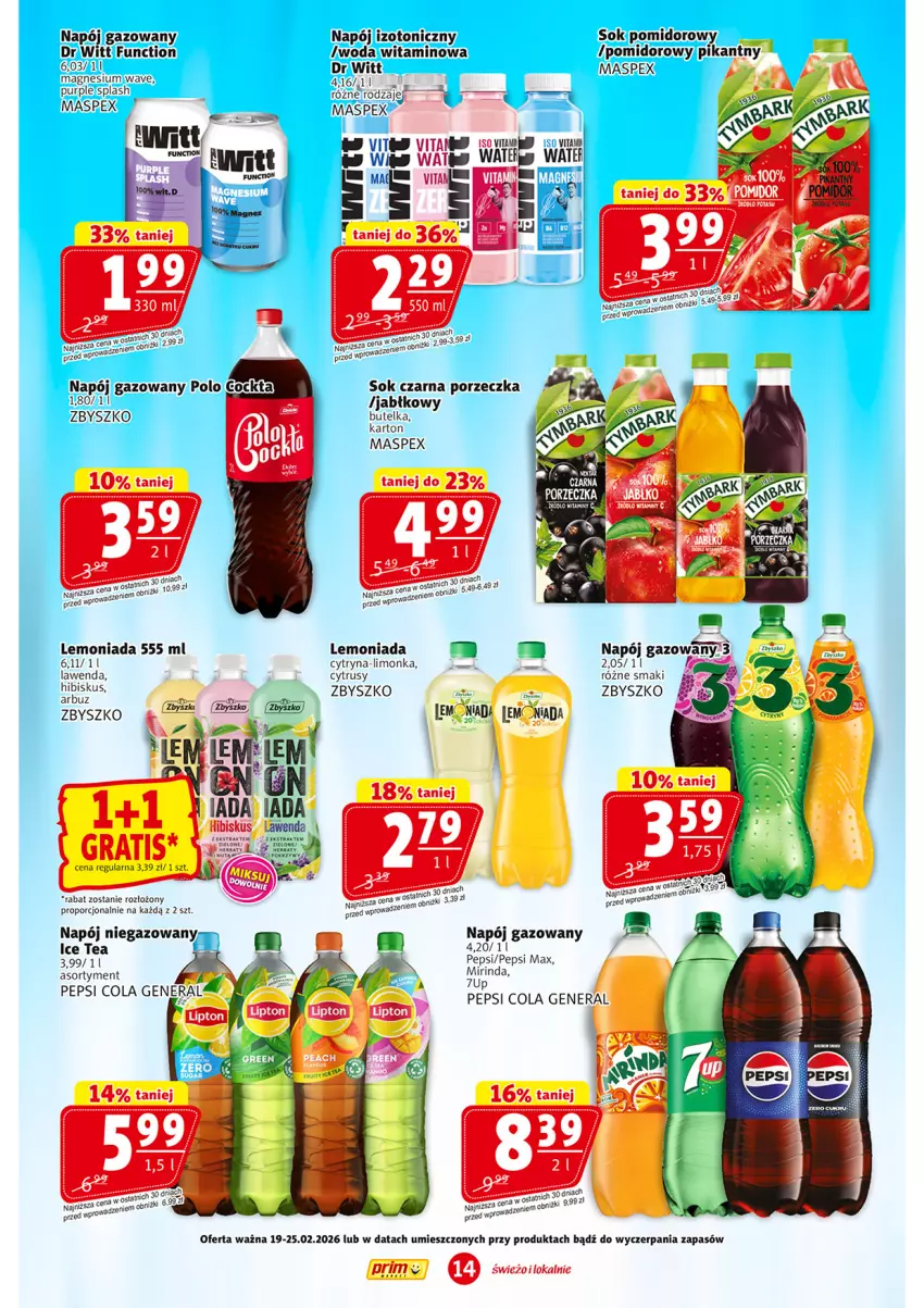 Gazetka promocyjna Prim Market - ważna 19.02 do 25.02.2026 - strona 14 - produkty: Hibiskus, Ice tea, Lemoniada, Limonka, Napój, Napój gazowany, Napój izotoniczny, Napój niegazowany, Pepsi, Pepsi max, Por, Pur, Sok, Woda