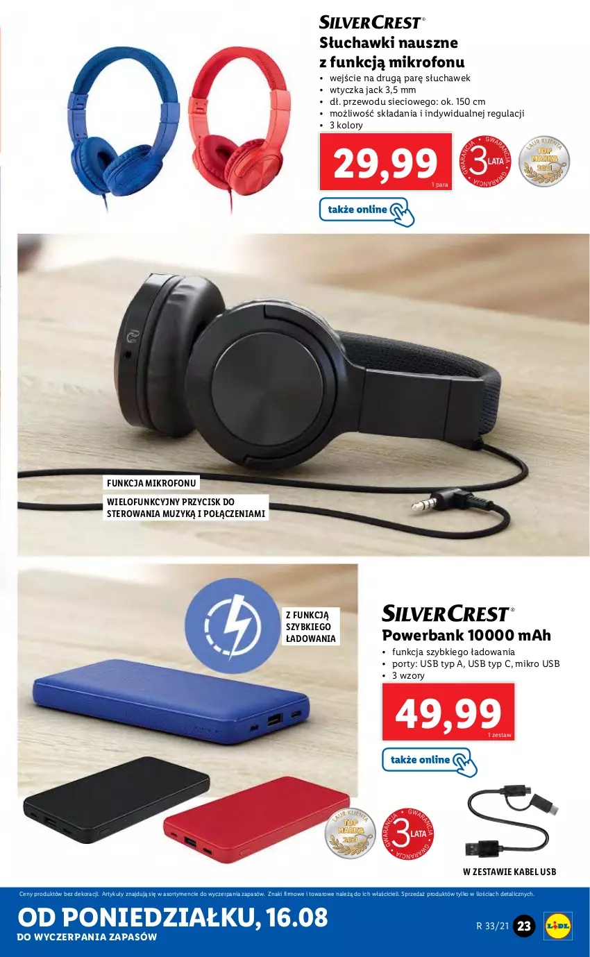 Gazetka promocyjna Lidl - GAZETKA - ważna 16.08 do 21.08.2021 - strona 23 - produkty: Kabel USB, Mikrofon, Por, Powerbank, Słuchawki