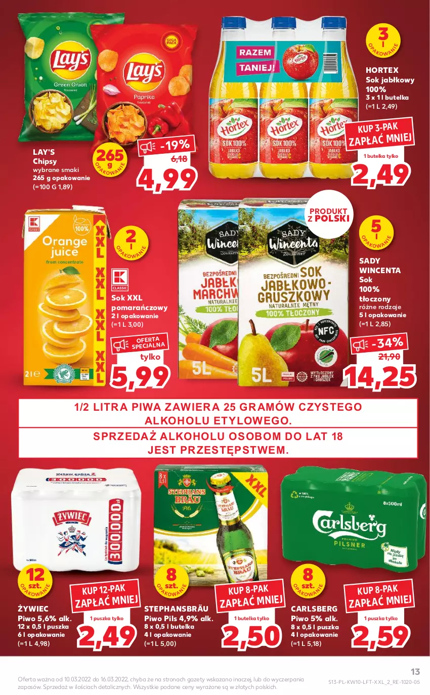 Gazetka promocyjna Kaufland - OFERTA TYGODNIA - ważna 10.03 do 16.03.2022 - strona 13 - produkty: Carlsberg, Chipsy, Hortex, Piwa, Piwo, Sok, Sok jabłkowy