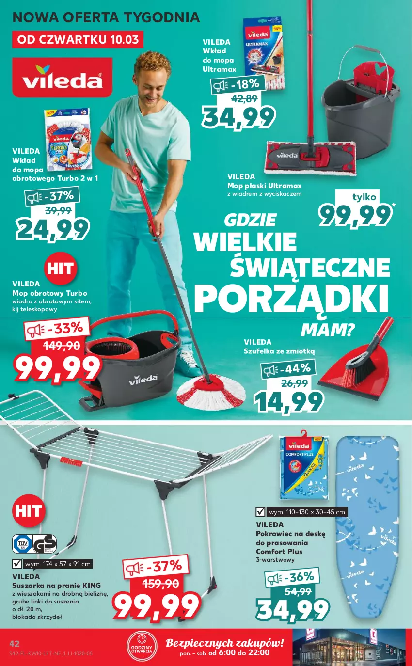 Gazetka promocyjna Kaufland - OFERTA TYGODNIA - ważna 10.03 do 16.03.2022 - strona 42 - produkty: Mop, Piec, Pokrowiec, Pokrowiec na deskę, Por, Rama, Suszarka, Suszarka na pranie, Szufelka, Teleskop, Vileda, Wiadro, Wieszak, Wkład do mopa