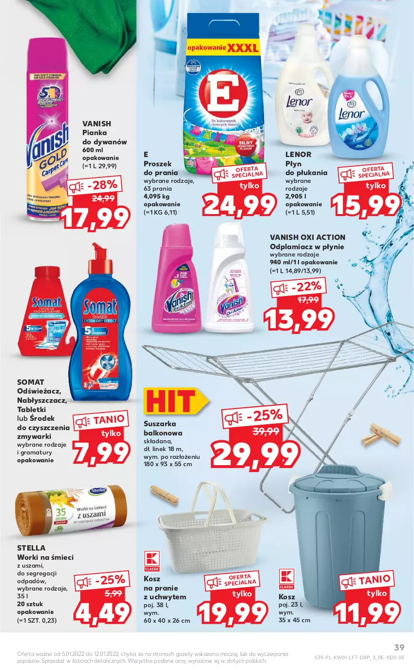 Gazetka promocyjna Kaufland - OFERTA TYGODNIA - ważna 05.01 do 12.01.2022 - strona 39 - produkty: Dywan, Gra, Kosz, Lenor, Odplamiacz, Płyn do płukania, Proszek do prania, Rama, Somat, Suszarka, Suszarka balkonowa, Tablet, Vanish, Worki na śmiec, Worki na śmieci, Zmywarki