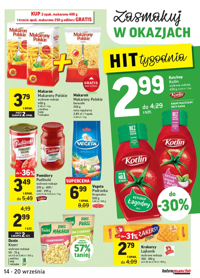 Gazetka promocyjna Intermarche - Gazetka promocyjna - ważna 14.09 do 20.09.2021 - strona 25 - produkty: Gin, Gra, Ketchup, Knorr, Kotlin, Krakersy, Lajkonik, Makaron, Podravka, Pomidory, Pudliszki, Vegeta