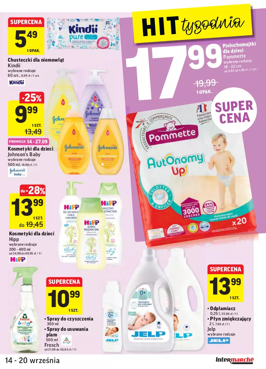 Gazetka promocyjna Intermarche - Gazetka promocyjna - ważna 14.09 do 20.09.2021 - strona 29 - produkty: Chusteczki, Dzieci, Frosch, HiPP, Johnson's, Johnson's Baby, Kindii, Kosmetyki dla dzieci, Majtki, Odplamiacz, Pieluchomajtki, Spray do czyszczenia