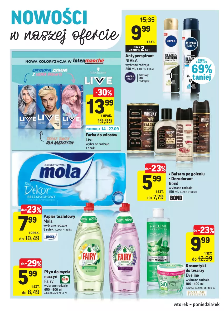 Gazetka promocyjna Intermarche - Gazetka promocyjna - ważna 14.09 do 20.09.2021 - strona 32 - produkty: Antyperspirant, Balsam po goleniu, Dezodorant, Do mycia naczyń, Eveline, Fa, Fairy, Farba do włosów, Mola, Nivea, Papier, Papier toaletowy, Płyn do mycia, Płyn do mycia naczyń