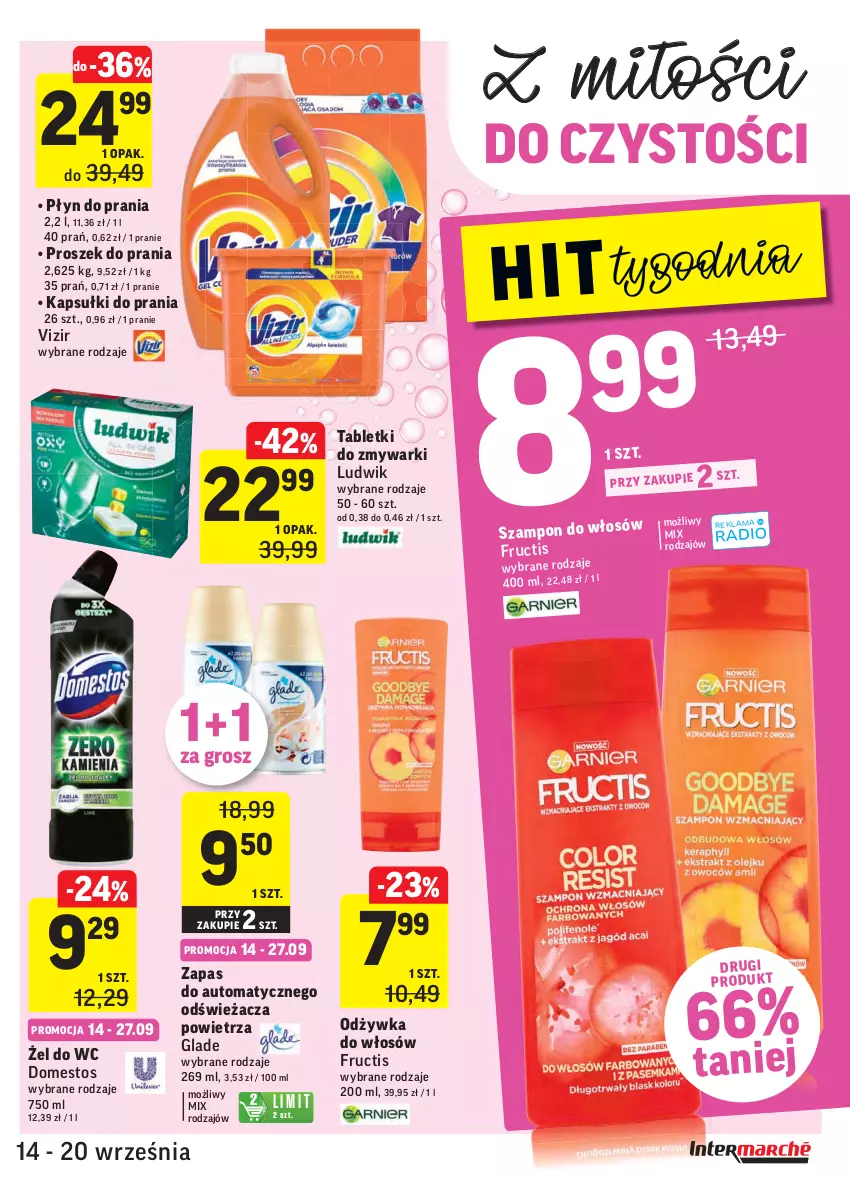 Gazetka promocyjna Intermarche - Gazetka promocyjna - ważna 14.09 do 20.09.2021 - strona 33 - produkty: Domestos, Fructis, Kapsułki do prania, Ludwik, Odżywka, Płyn do prania, Proszek do prania, Szampon, Tablet, Tabletki do zmywarki, Vizir, Zmywarki