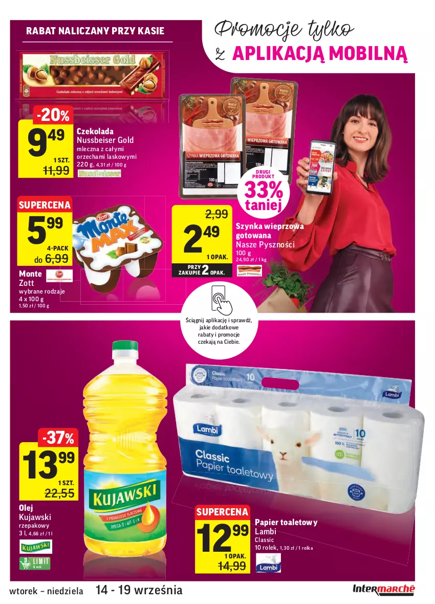 Gazetka promocyjna Intermarche - Gazetka promocyjna - ważna 14.09 do 20.09.2021 - strona 35 - produkty: Czekolada, Kujawski, Mobil, Monte, Olej, Papier, Papier toaletowy, Ser, Szynka, Szynka wieprzowa, Zott