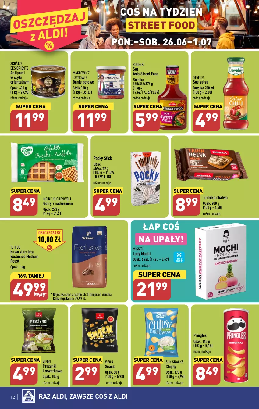 Gazetka promocyjna Aldi - Pełen katalog od 26.06 - ważna 26.06 do 01.07.2023 - strona 12 - produkty: Chałwa, Chipsy, Danie gotowe, Gofry, Kawa, Kawa ziarnista, Lody, Pringles, Salsa, Sos, Tchibo