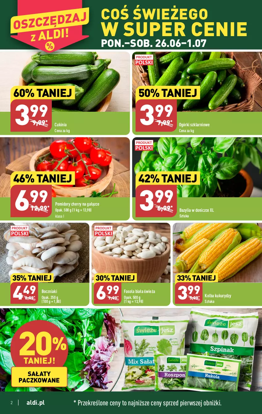 Gazetka promocyjna Aldi - Pełen katalog od 26.06 - ważna 26.06 do 01.07.2023 - strona 2 - produkty: Bazyl, Bazylia, Boczniak, Fa, Fasola, Pomidory, Sałat