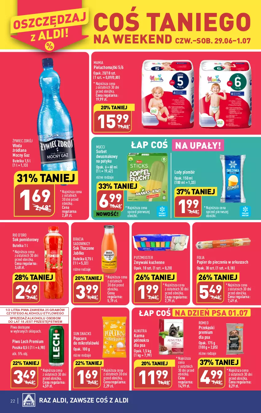 Gazetka promocyjna Aldi - Pełen katalog od 26.06 - ważna 26.06 do 01.07.2023 - strona 22 - produkty: Fa, Gra, LANA, Lech Premium, Lody, Majtki, Papier, Papier do pieczenia, Piec, Pieluchomajtki, Piwa, Piwo, Popcorn, Putzmeister, Sok, Sok pomidorowy, Woda, Zmywaki kuchenne