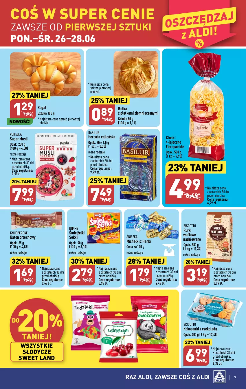 Gazetka promocyjna Aldi - Pełen katalog od 26.06 - ważna 26.06 do 01.07.2023 - strona 7 - produkty: Baton, Bułka, Herbata, Kokos, Michałki, Mus, Nimm2, Pur, Rogal, Rurki, Sanki, Sok