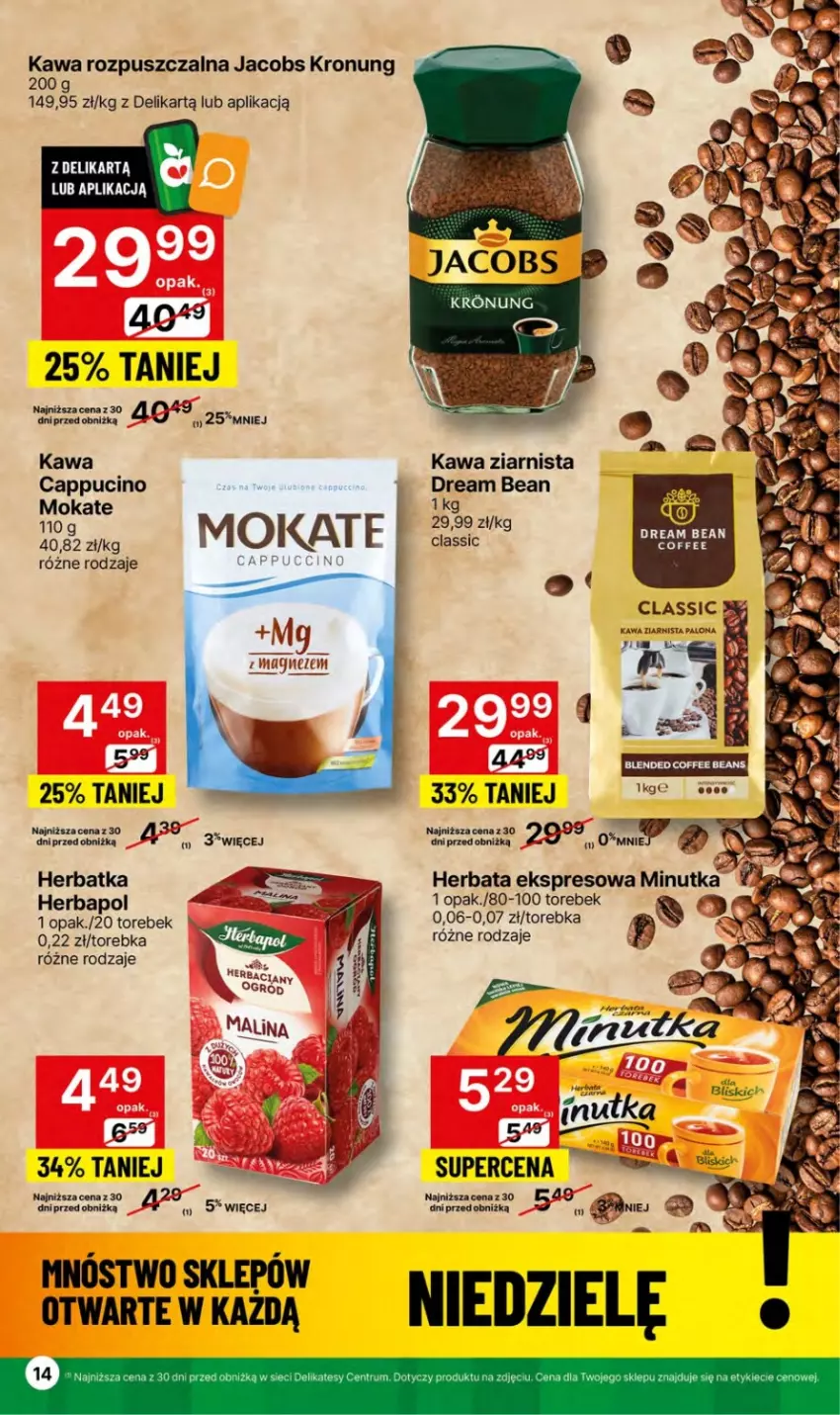 Gazetka promocyjna Delikatesy Centrum - NOWA GAZETKA Delikatesy Centrum od 15 stycznia! 15-21.01.2024 - ważna 15.01 do 21.01.2024 - strona 14 - produkty: Cappuccino, Herbapol, Herbata, Jacobs, Kawa, Kawa rozpuszczalna, Kawa ziarnista, Torebka