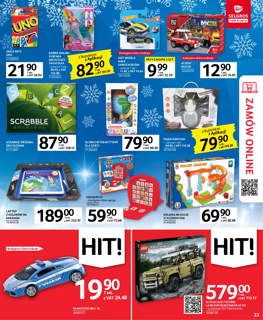 Gazetka promocyjna Selgros - Oferta przemysłowa - ważna 05.01 do 18.01.2023 - strona 33 - produkty: Barbie, Chodzik, Dzieci, Gin, Gra, Hot Wheels, Klocki, Kolejka, Land Rover, LEGO, LEGO Technic, Malibu, Olej, Samochód, Samochodziki, Scrabble, Tera, Top