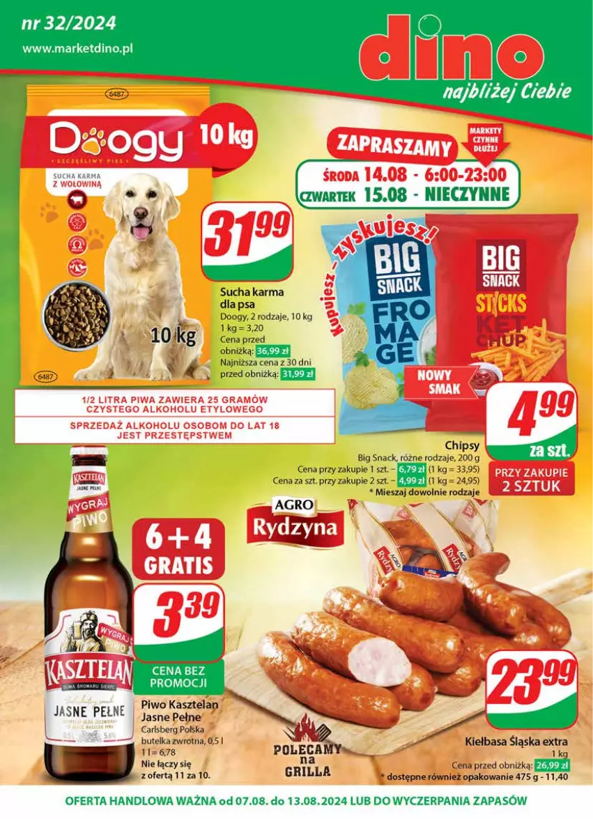 Gazetka promocyjna Dino - Gazetka 32 / 2024 - ważna 07.08 do 13.08.2024 - strona 1 - produkty: Carlsberg, Chipsy, Grill, JBL, Kasztelan, Kiełbasa, Kiełbasa śląska, Piwo, Sucha karma