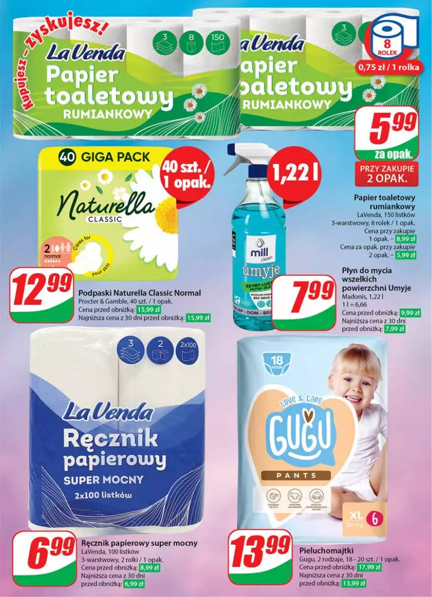 Gazetka promocyjna Dino - Gazetka 32 / 2024 - ważna 07.08 do 13.08.2024 - strona 63 - produkty: Majtki, Naturell, Naturella, Papier, Papier toaletowy, Pieluchomajtki, Płyn do mycia, Podpaski, Ręcznik, Rolki, Rum