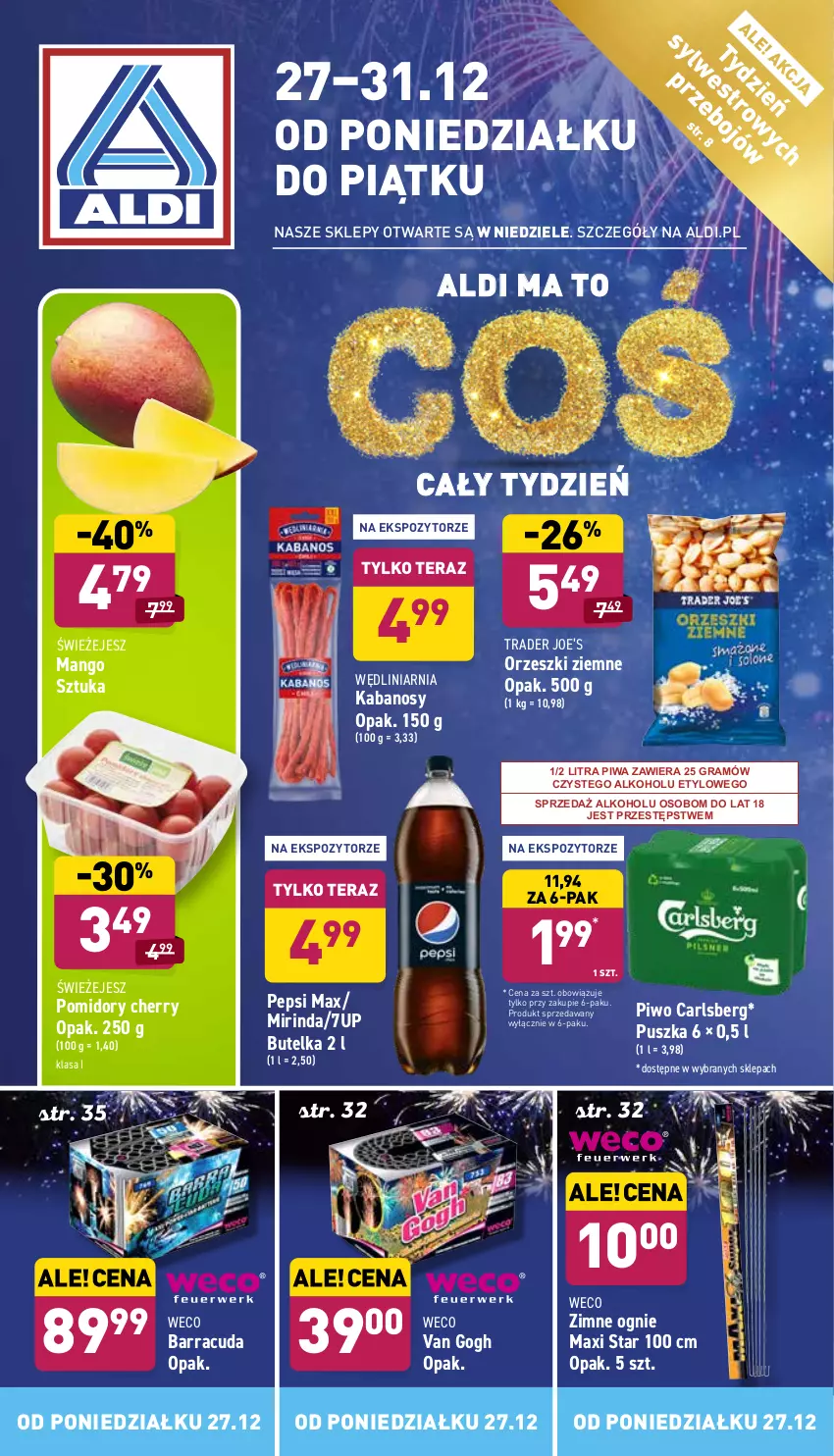 Gazetka promocyjna Aldi - Pełny katalog - ważna 27.12 do 31.12.2021 - strona 1 - produkty: 7up, Carlsberg, Gra, Kabanos, Mango, Mirinda, Orzeszki, Orzeszki ziemne, Pepsi, Pepsi max, Piwa, Piwo, Pomidory, Tera