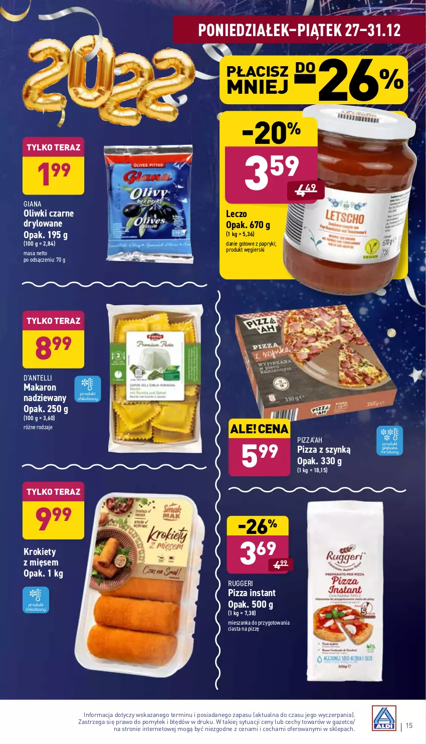 Gazetka promocyjna Aldi - Pełny katalog - ważna 27.12 do 31.12.2021 - strona 15 - produkty: Danie gotowe, Krokiety, Makaron, Oliwki, Oliwki czarne, Pizza, Tera