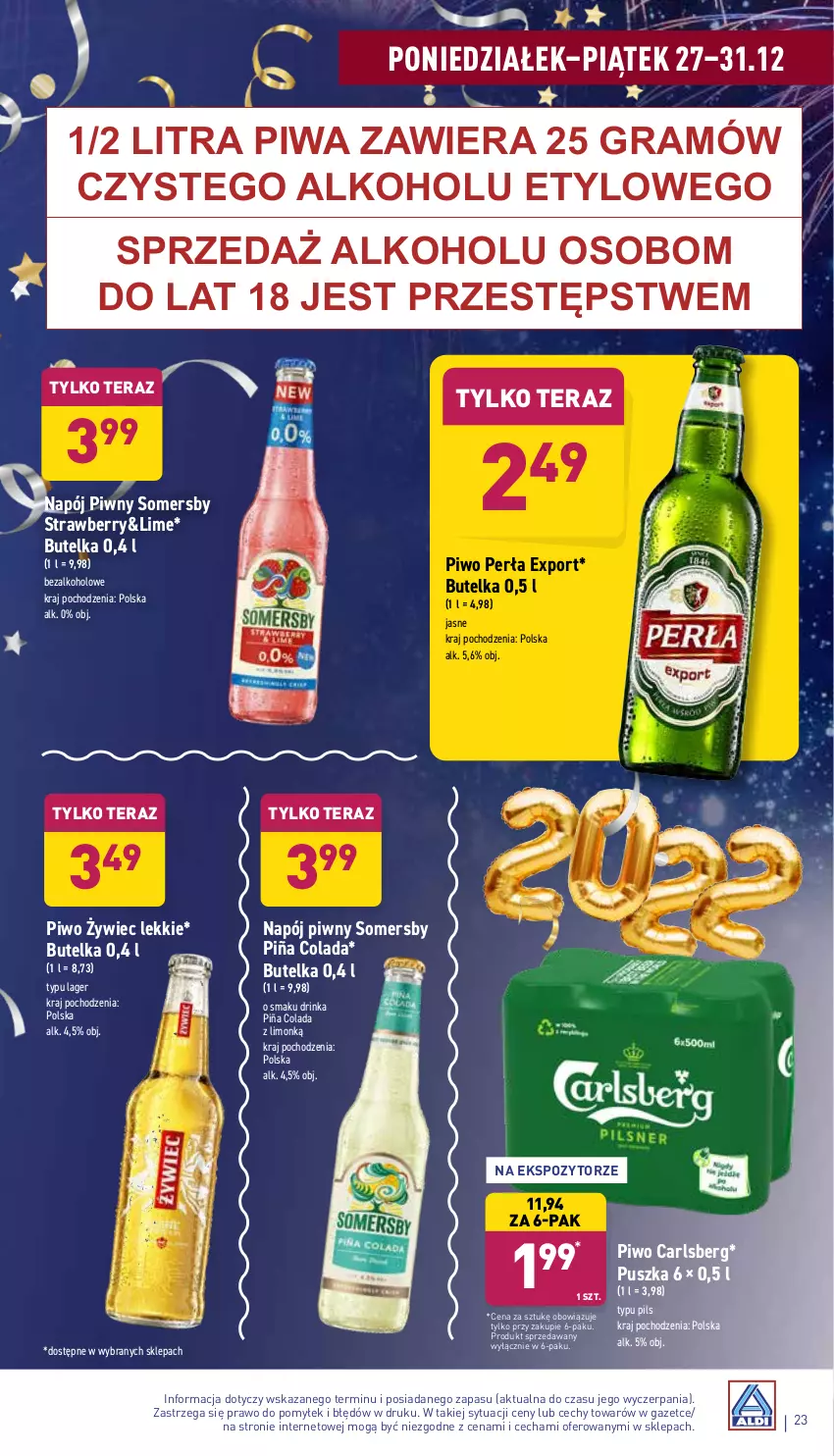 Gazetka promocyjna Aldi - Pełny katalog - ważna 27.12 do 31.12.2021 - strona 23 - produkty: Carlsberg, Gra, Inka, Napój, Perła, Piña Colada, Piwa, Piwo, Por, Somersby, Tera