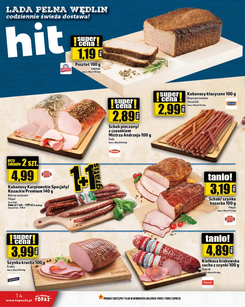 Gazetka promocyjna Topaz - Gazetka - ważna 31.10 do 06.11.2024 - strona 14 - produkty: Duda, Kabanos, Kiełbasa, Kiełbasa krakowska, Olewnik, Pasztet, Pekpol, Piec, Schab pieczony, Top