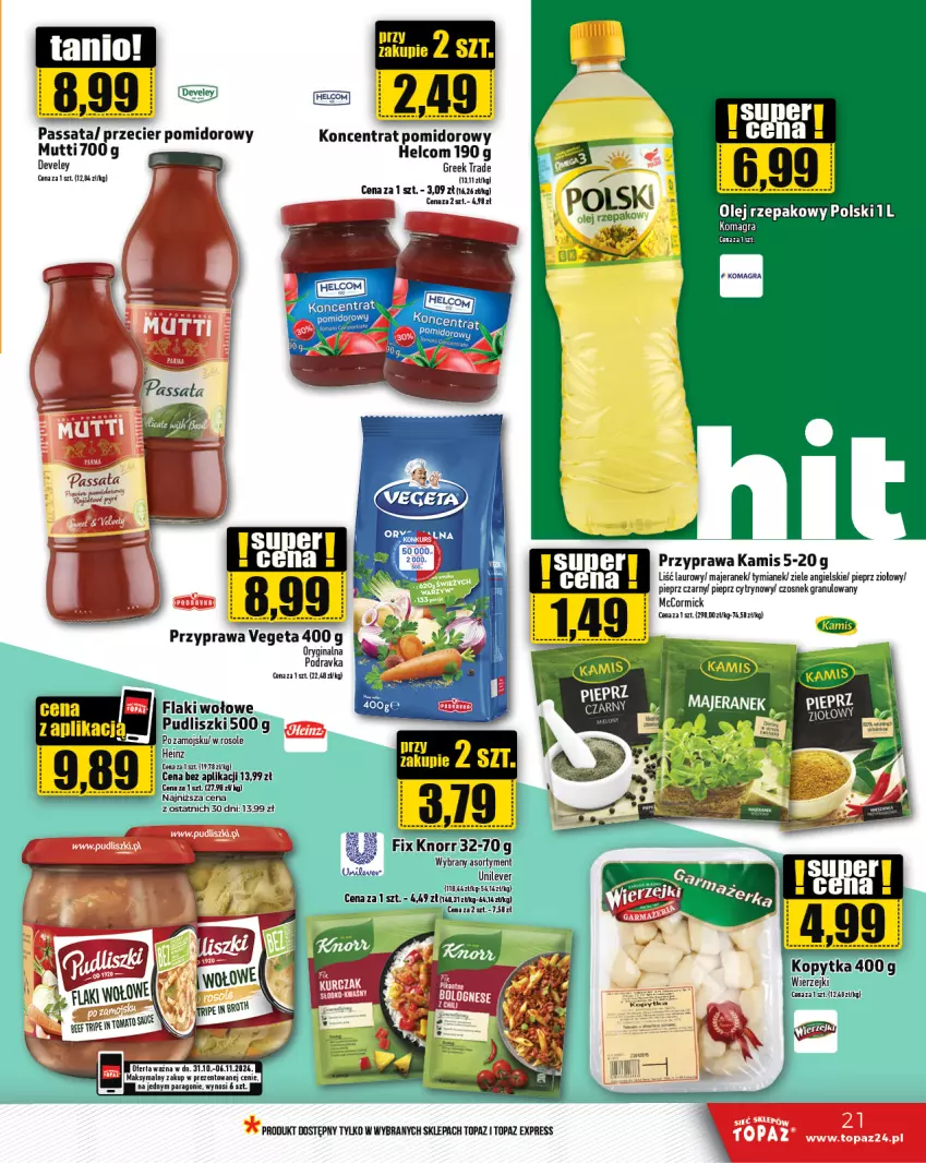 Gazetka promocyjna Topaz - Gazetka - ważna 31.10 do 06.11.2024 - strona 21 - produkty: Czosnek, Czosnek granulowany, Gin, Gra, HELCOM, Kamis, Knorr, Koncentrat pomidorowy, Kopytka, Laur, Olej, Olej rzepakowy, Pieprz, Podravka, Top, Vegeta, Ziele angielskie