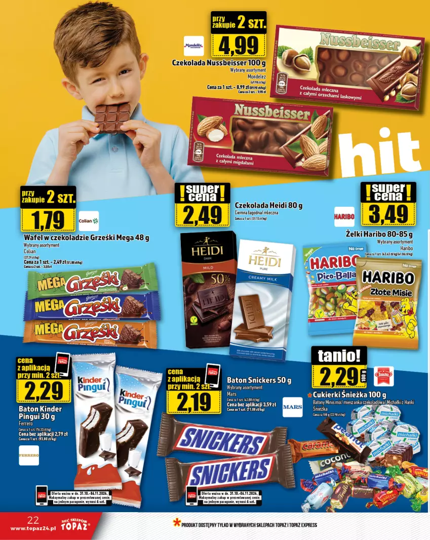 Gazetka promocyjna Topaz - Gazetka - ważna 31.10 do 06.11.2024 - strona 22 - produkty: Baton, Czekolada, Grześki, Haribo, Kinder, Michałki, Ser, Snickers, Top