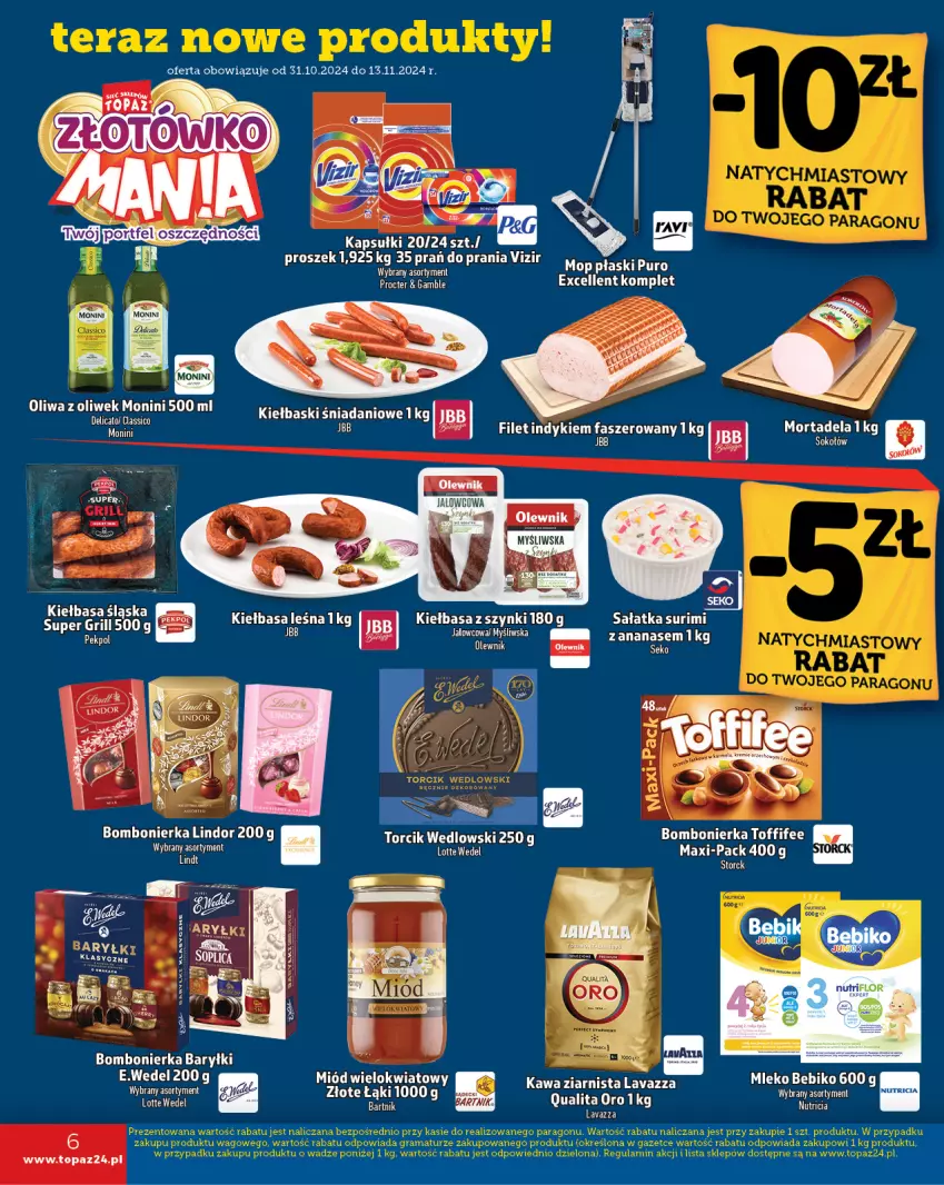 Gazetka promocyjna Topaz - Gazetka - ważna 31.10 do 06.11.2024 - strona 6 - produkty: Ananas, Baryłki, Danio, Fa, Grill, Kiełbasa, Lavazza, Monini, Mop, Olewnik, Oliwa z oliwek, Pekpol, Pur, Sałat, Sałatka, Surimi, Toffifee, Top, Vizir