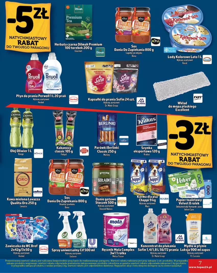 Gazetka promocyjna Topaz - Gazetka - ważna 31.10 do 06.11.2024 - strona 7 - produkty: Berlinki, Bref, Chappi, Cif, Dilmah, Herbata, Herbata czarna, Kapsułki do prania, Lavazza, LG, Lody, Luksja, Mola, Mop, Pekpol, Perwoll, Płyn do prania, Por, Ręcznik, Rum, Sport, Szynka, Top, Velvet, Wkład do mopa, Zawieszka do wc