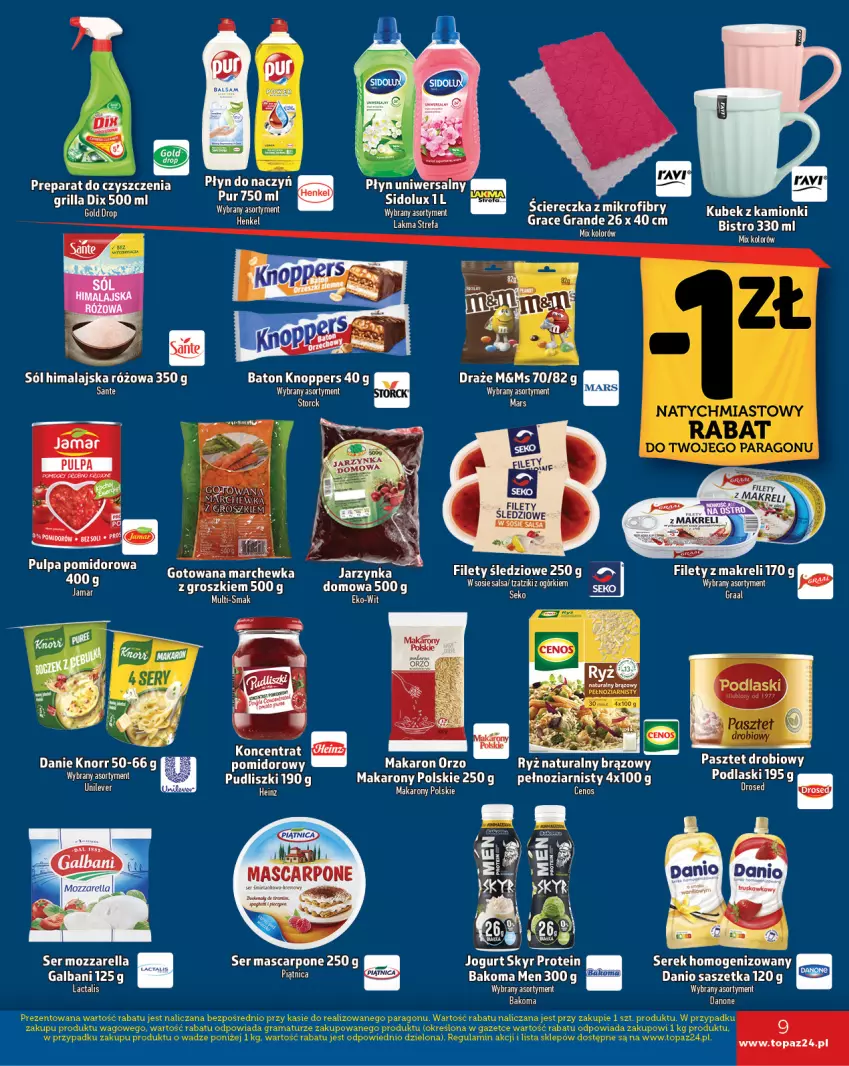 Gazetka promocyjna Topaz - Gazetka - ważna 31.10 do 06.11.2024 - strona 9 - produkty: Bakoma, Baton, Cenos, Danio, Danone, Fa, Galbani, Gra, Grill, Jogurt, Knoppers, Knorr, Kubek, Makaron, Marchewka, Mars, Mascarpone, Mięta, Piątnica, Podlaski, Preparat do czyszczenia, Pudliszki, Ryż, Salsa, Sante, SEKO, Ser, Serek, Serek homogenizowany, Sól, Sól himalajska, Sos, Top