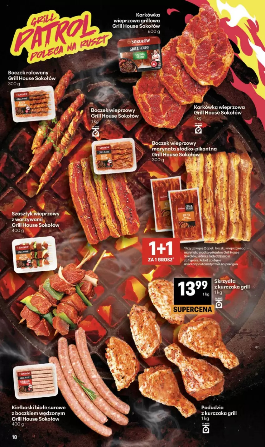 Gazetka promocyjna Delikatesy Centrum - Franczyza DC35 Czwartek - ważna 27.08 do 02.09.2026 - strona 18 - produkty: Boczek, Boczek wieprzowy, Grill, Karkówka wieprzowa, Kiełbaski białe, Kurczak, Sok, Sokołów