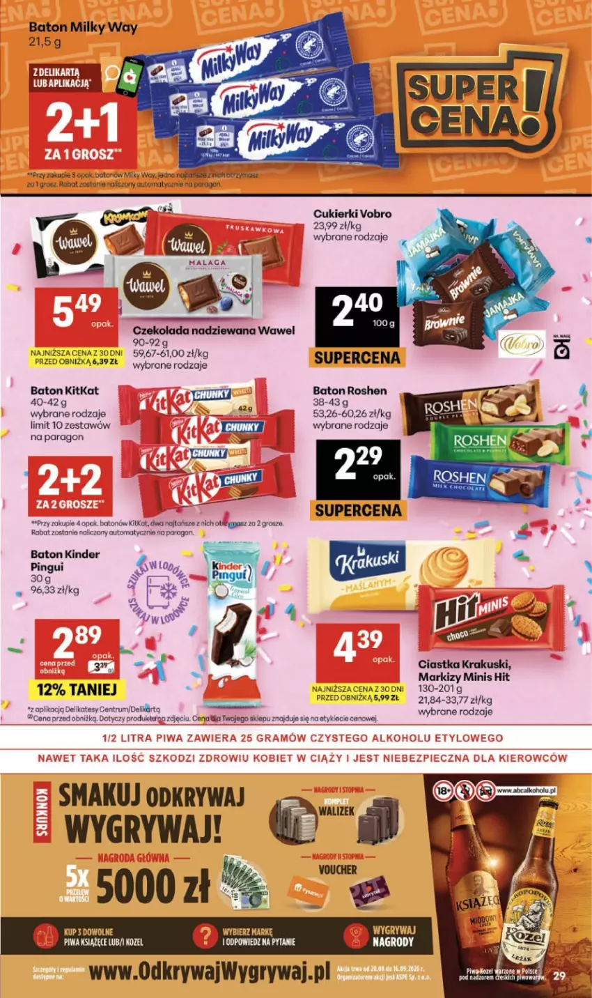 Gazetka promocyjna Delikatesy Centrum - Franczyza DC35 Czwartek - ważna 27.08 do 02.09.2026 - strona 29 - produkty: Baton, Ciastka, Cukier, Cukierki, Czekolada, Czekolada nadziewana, Gry, Kinder, Kozel, Krakus, Krakuski, Książęce, Milky Way, Piwa, Rum, Wawel