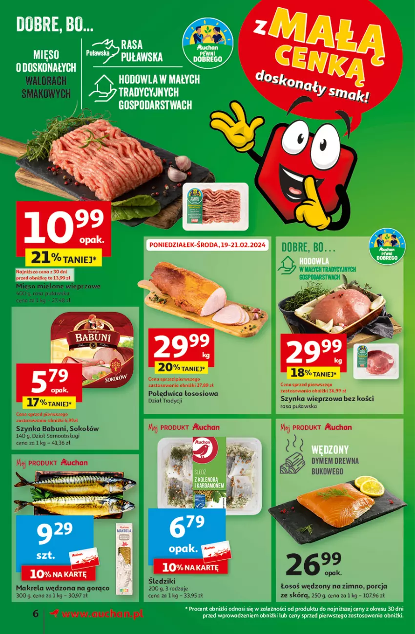 Gazetka promocyjna Auchan - Gazetka z MAŁĄ CENKĄ dźwigniesz więcej! Supermarket Auchan - ważna 15.02 do 21.02.2024 - strona 6 - produkty: Babuni, Mięso, Mięso mielone, Por, Sok, Sokołów, Sos, Szynka, Szynka wieprzowa