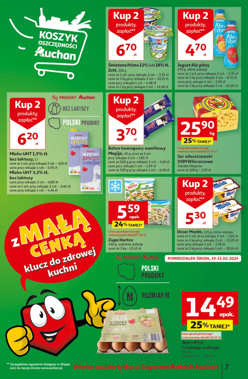 Gazetka promocyjna Auchan - Gazetka z MAŁĄ CENKĄ dźwigniesz więcej! Supermarket Auchan - ważna 15.02 do 21.02.2024 - strona 7 - produkty: Baton, Deser, Hama, Hortex, Jaja, Jogurt, Magija, Mleko, Monte, Ser, Włoszczowski, Zott, Zupa