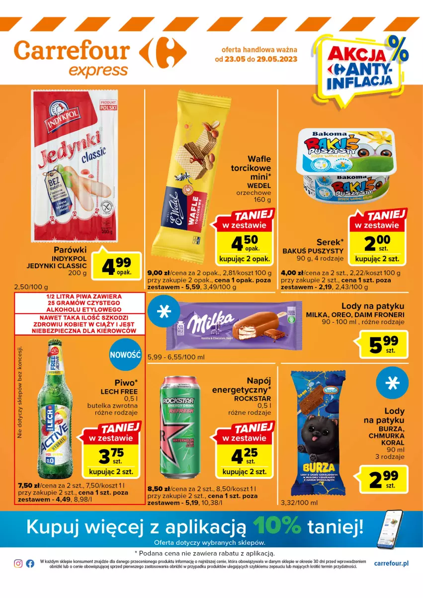 Gazetka promocyjna Carrefour - Gazetka Express - ważna 23.05 do 29.05.2023 - strona 1 - produkty: Kosz, Lody, Milka, Napój, Oreo, Parówki, Piwo, Ser, Serek, Wafle