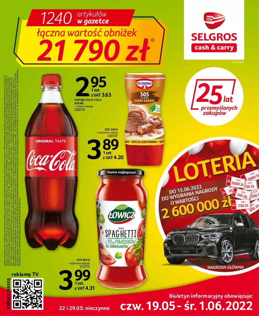 Gazetka promocyjna Selgros - Oferta spożywcza - ważna 19.05 do 01.06.2022 - strona 1 - produkty: Coca-Cola, Fa, Fortuna, LG, Napoje, Samochód, Sos, Tran